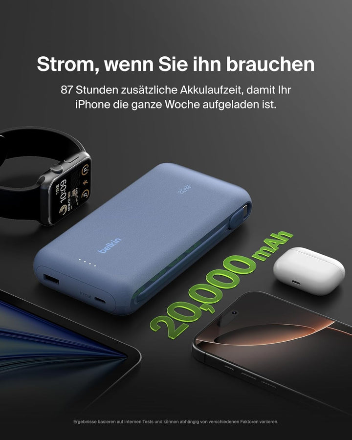 Belkin Portable Powerbank zum Schnellladen mit integriertem Kabel 20K PD 30 W, USB-C Power Delivery,