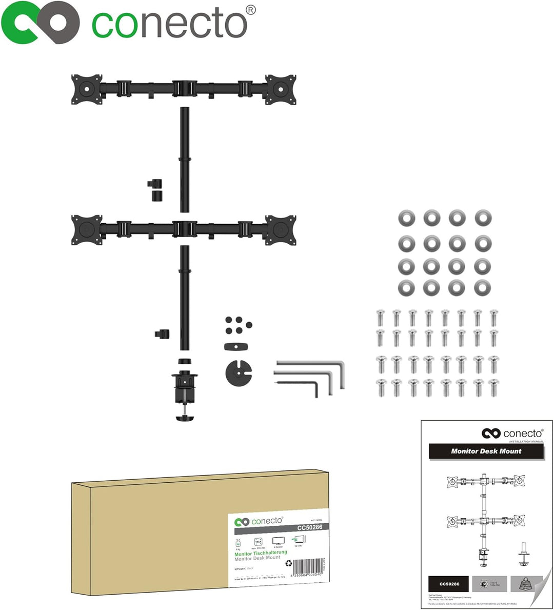 conecto, Monitorhalterung für Vier Bildschirme bis 27 Zoll, neigbar +/- 45°, drehbar +/- 180°, drehb