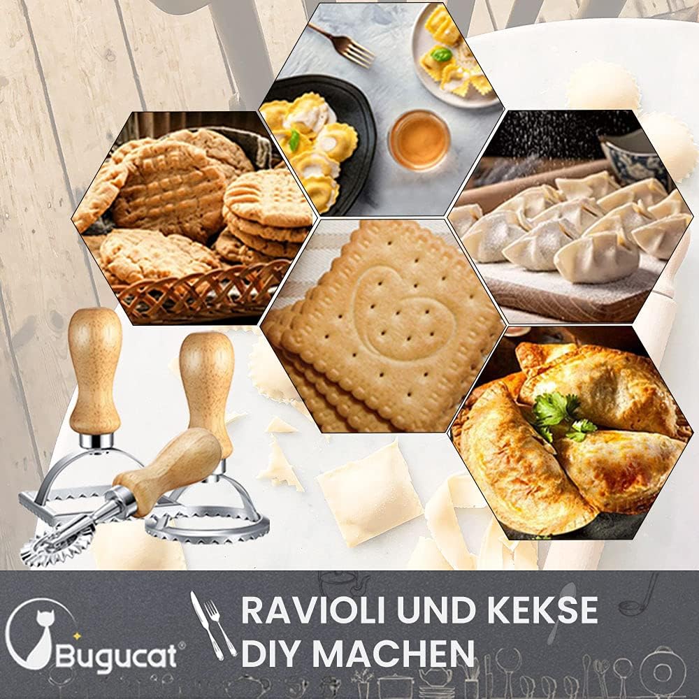 Bugucat Ravioli Ausstecher Former, Ausstechformen, Teigtaschenrad Former mit Holzgriff und Geriffelt