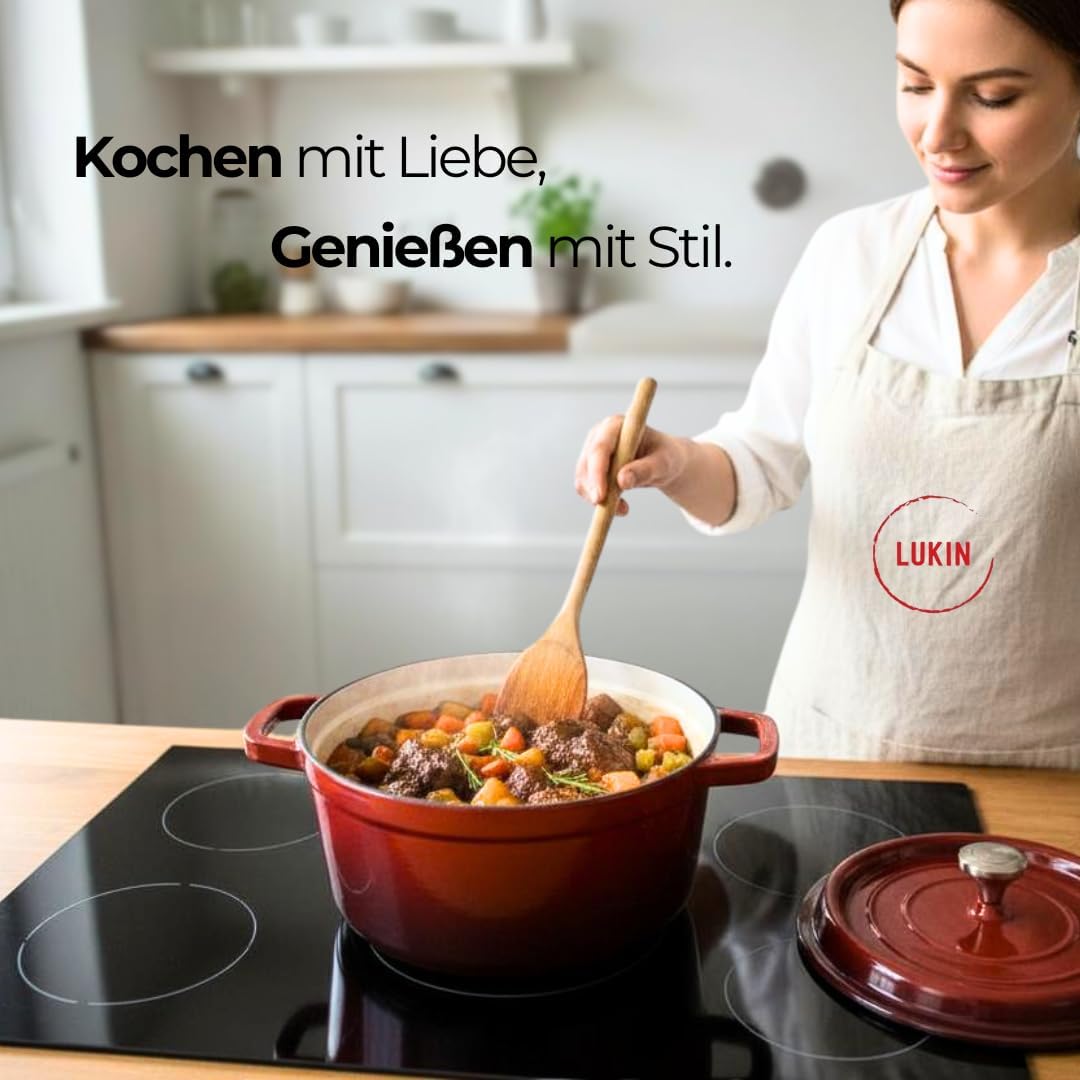 Lukin Schmortopf aus Gusseisen | Emailliert | Kirschrot | 24 cm - 3,5L | Bräter mit Deckel | für all