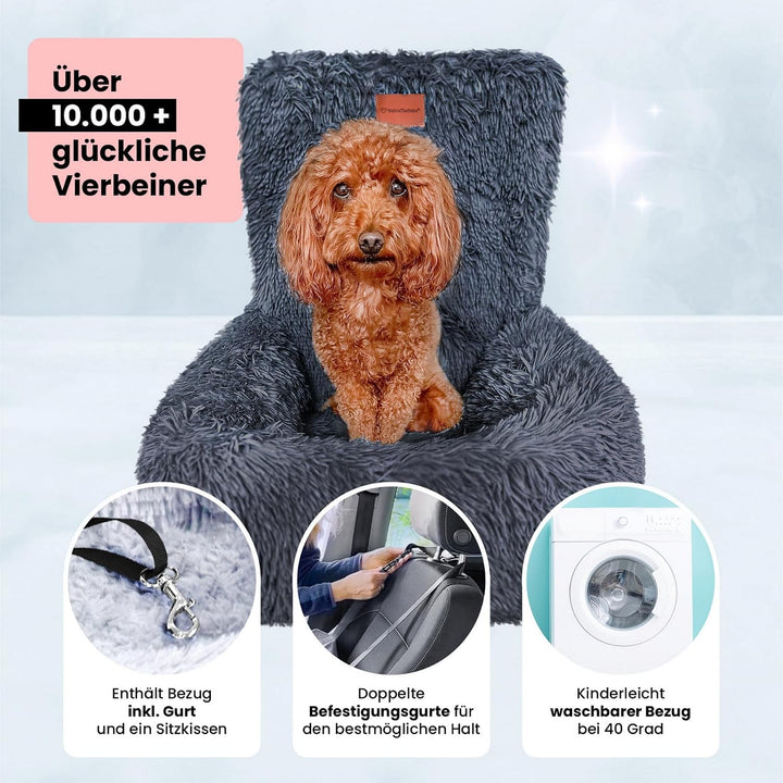 Wahre Tierliebe Hunde Autositz Fluffy inkl. Sicherheitsgurt - waschbarer Hundesitz Auto in schwarz/w