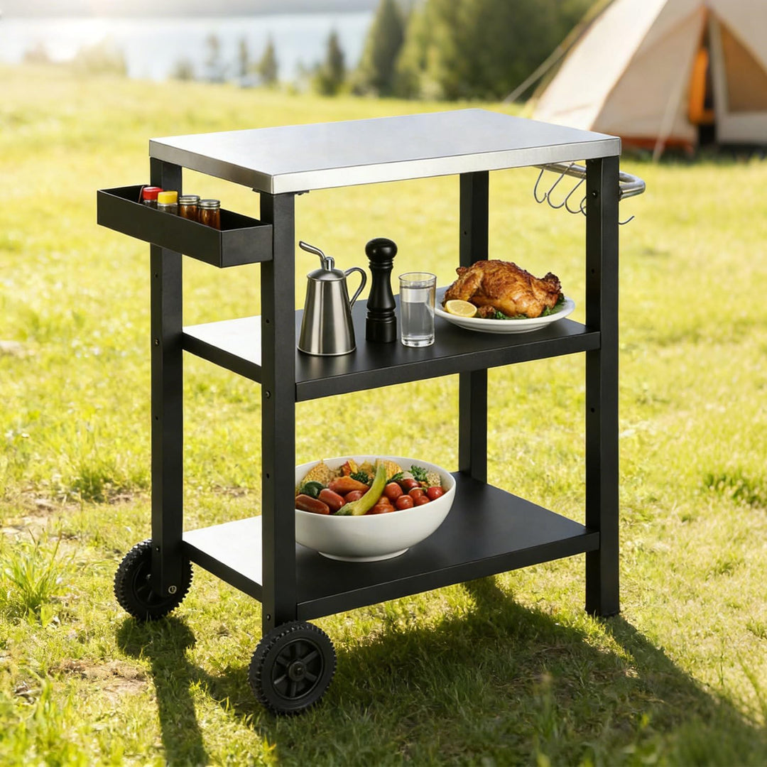 Grilltischwagen Outdoor, grilltisch | 2 Höhenverstellbare Ablagen, Gewürzregal &amp; Haken | 84x67x41cm