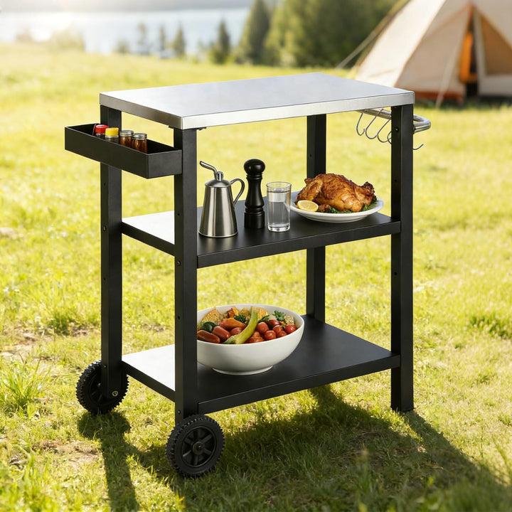 Grilltischwagen Outdoor, grilltisch | 2 Höhenverstellbare Ablagen, Gewürzregal &amp; Haken | 84x67x41cm