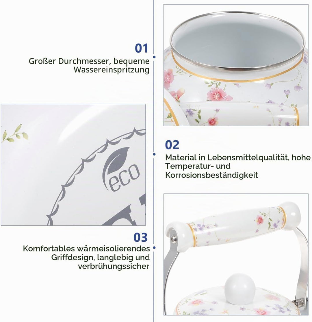 Vaguelly Wasserkessel Emaille Retro, 2500ml Teekanne Nostalgie Wasserkocher mit hitzbeständigem Kera