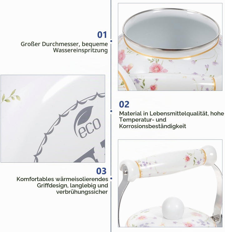 Vaguelly Wasserkessel Emaille Retro, 2500ml Teekanne Nostalgie Wasserkocher mit hitzbeständigem Kera