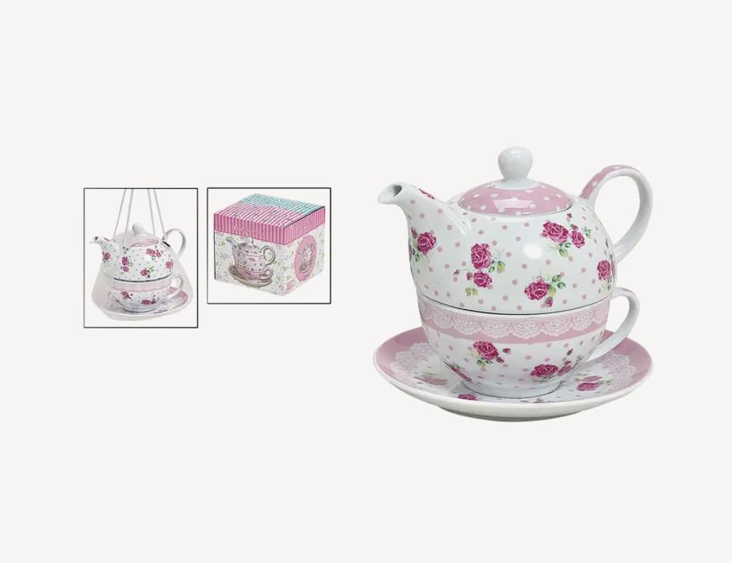 Porzellan-Teekannen-Set Tea for One mit Teekanne, Tasse und Unterteller, 3-teilig in Geschenkbox (Ro
