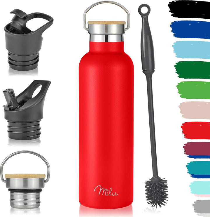 Milu Edelstahl Trinkflasche 350ml 500ml 750ml 1000ml (+3 Deckel) - Thermosflasche mit Strohhalm, Iso