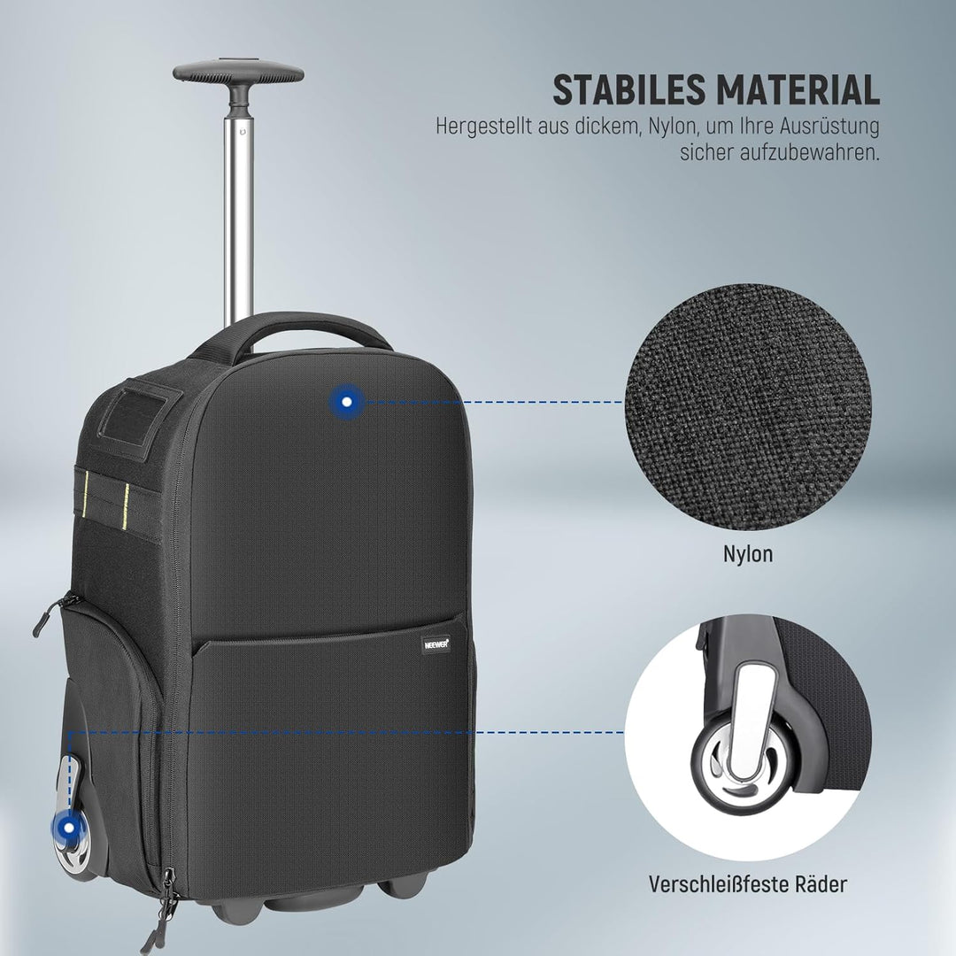 Neewer 2 in 1 Kamerarucksack mit Rollen Gepolstertes stossfestes Fach, Teleskopgriff und versteckte