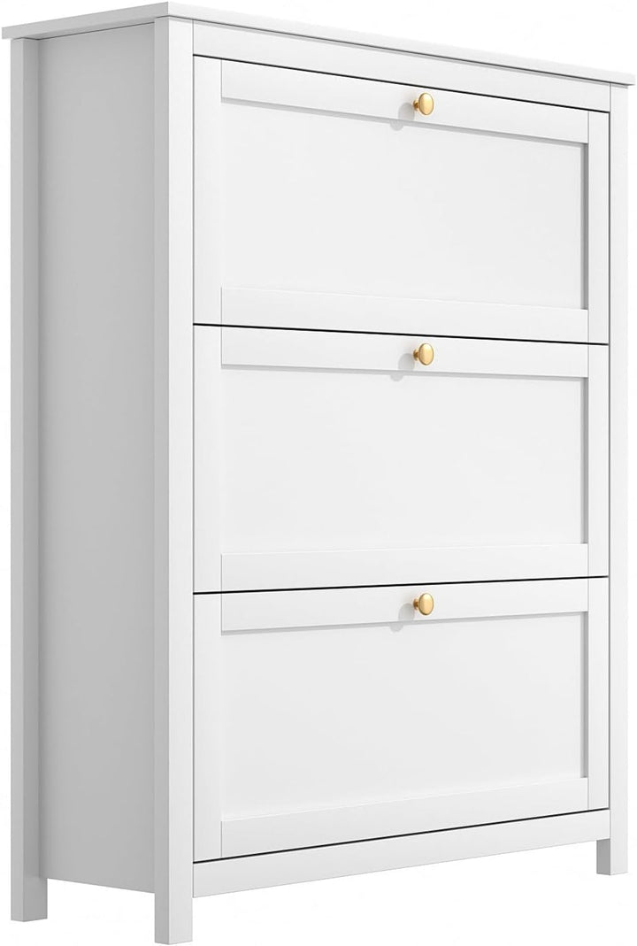 VOWNER Schuhschrank mit 3 Klappen, Schuhregal Schuhkipper Schmal, Schuhschrank Weiss, mit 6 Fächern,