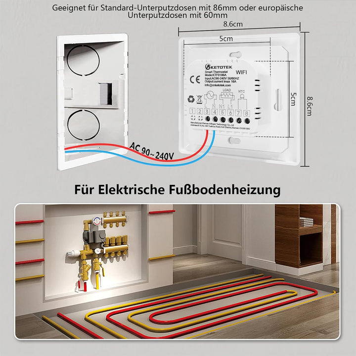 KETOTEK Smart Thermostat Fussbodenheizung Elektrische 16A, WiFi Raumthermostat Fussbodenheizung Wand