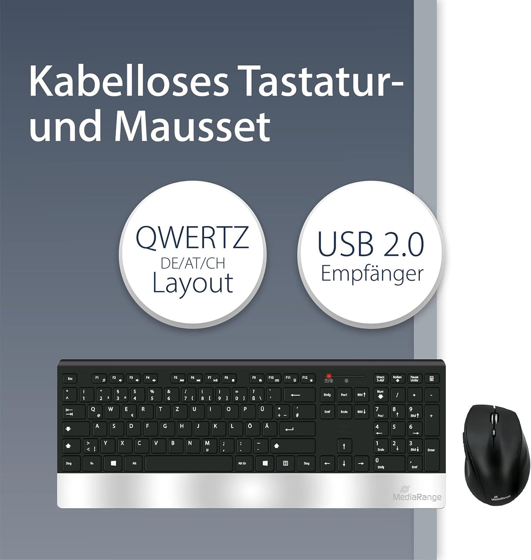 MediaRange Funk-Tastatur- und Maus-Set, Highline Serie, QWERTZ, schwarz/silber