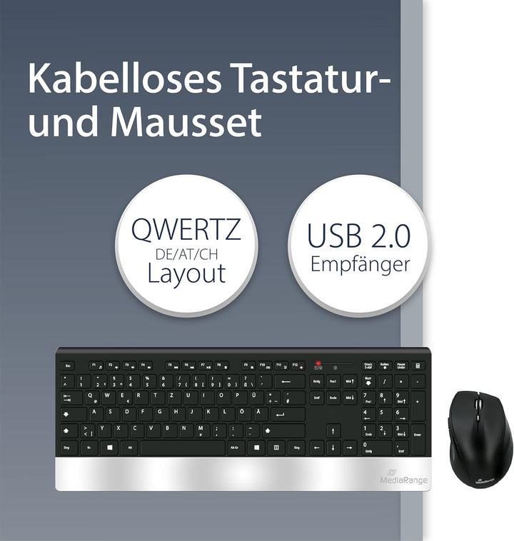 MediaRange Funk-Tastatur- und Maus-Set, Highline Serie, QWERTZ, schwarz/silber