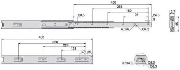 Emuca 3043405 Set Schubladenführungen, vollauszug mit Rollen, Lot von 5, Verzinktem, 400 mm 5 Stück