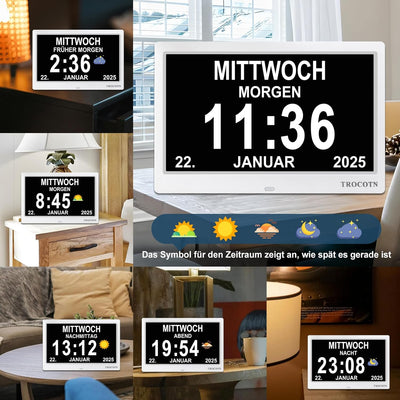 TROCOTN 10 Zoll Digitale Uhr Tagesuhr Grosses Display Wecker Wanduhr (Weiss) 10 Zoll Weiss, 10 Zoll