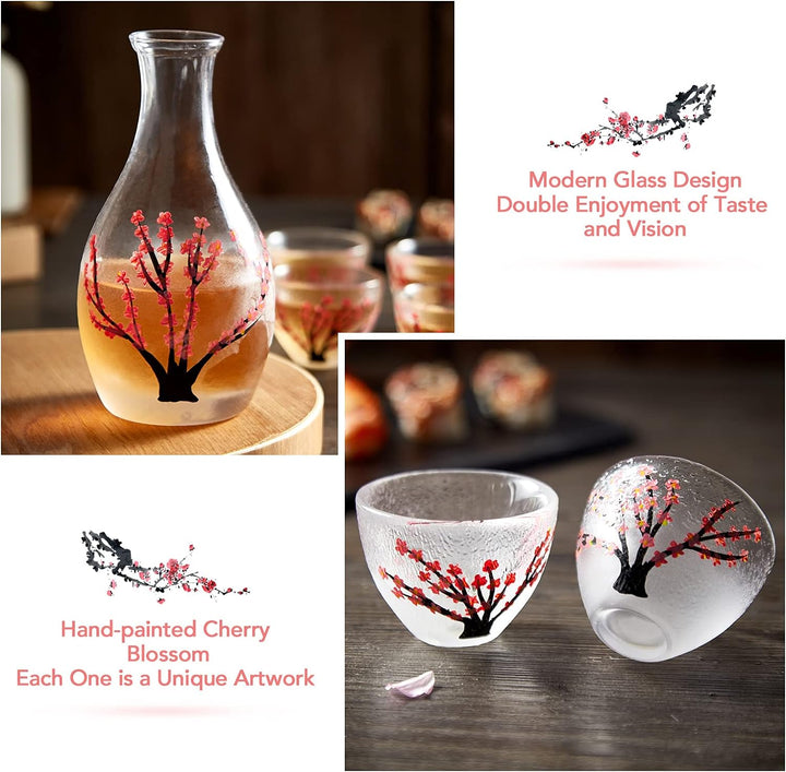 DUJUST Japanisches Sake-Set für 4, Handcrafted Pink Cherry Blossoms Design, 1 Sake-Flasche, 1 Sake-B