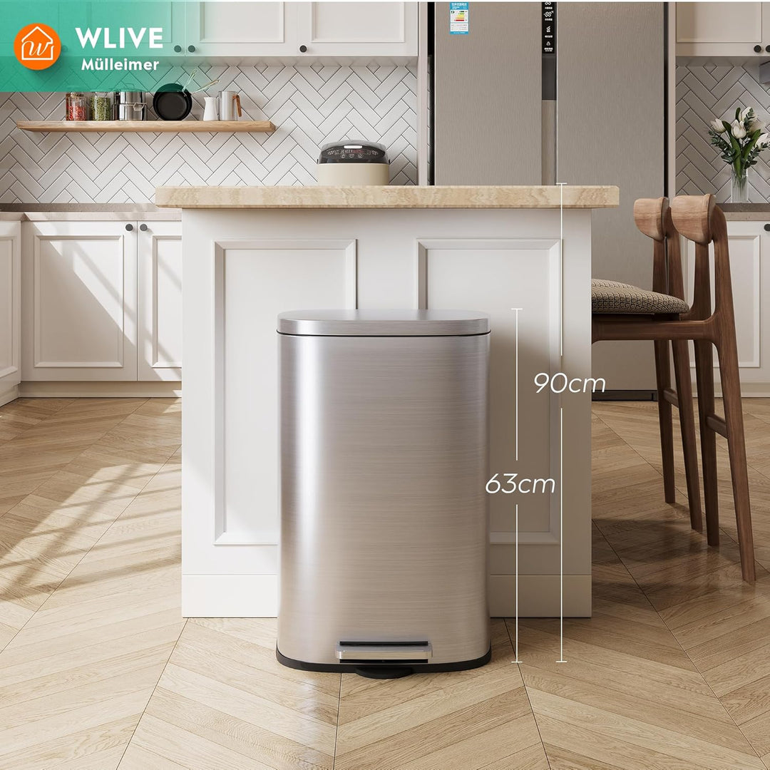 WLIVE 50L Mülleimer aus Edelstahl, grosser Treteimer mit Inneneimer und Soft-Close-Deckel, Abfalleim