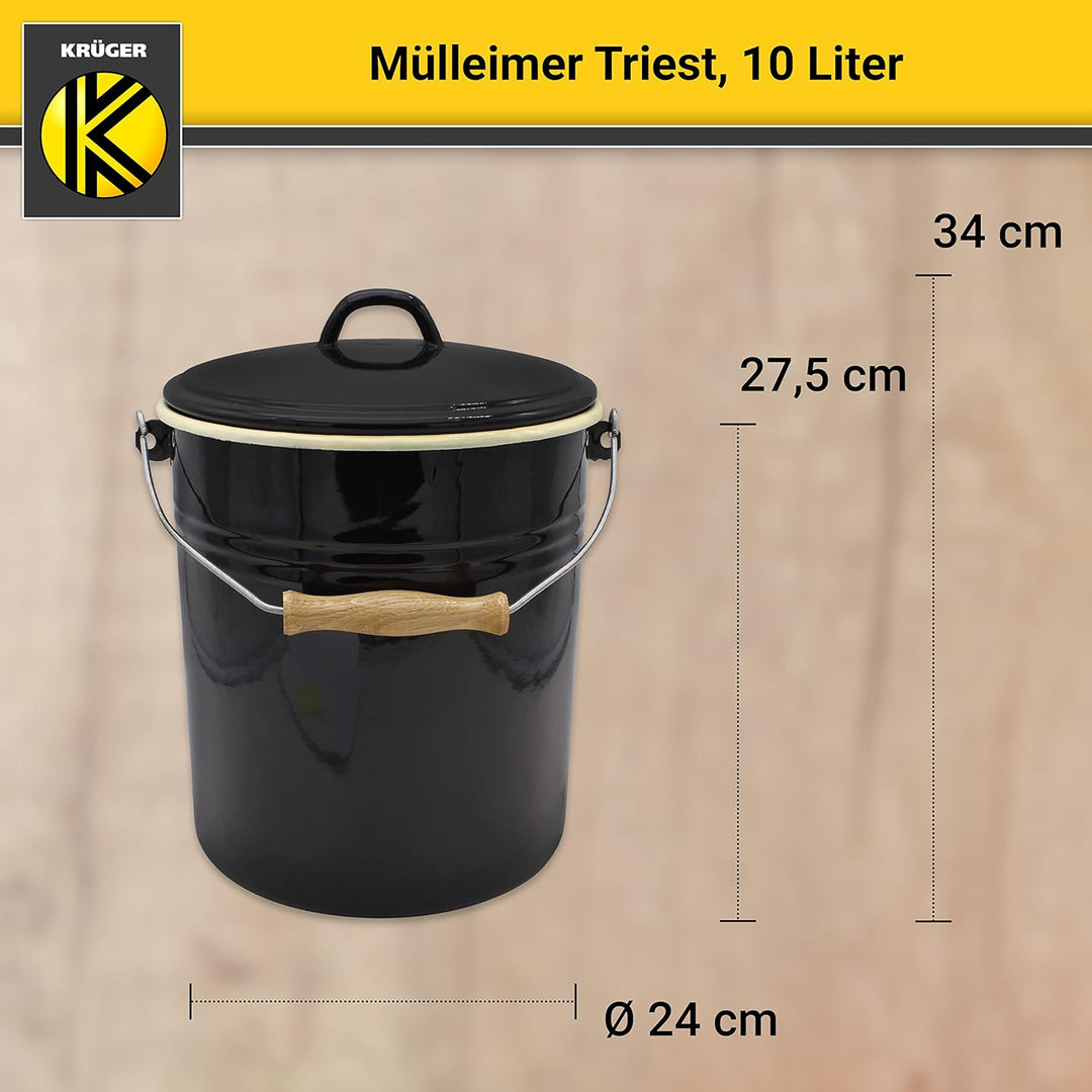 KRÜGER Mülleimer mit Deckel - Stahl Abfalleimer mit Emaille-Beschichtung und Holzgriff - schnitt- un