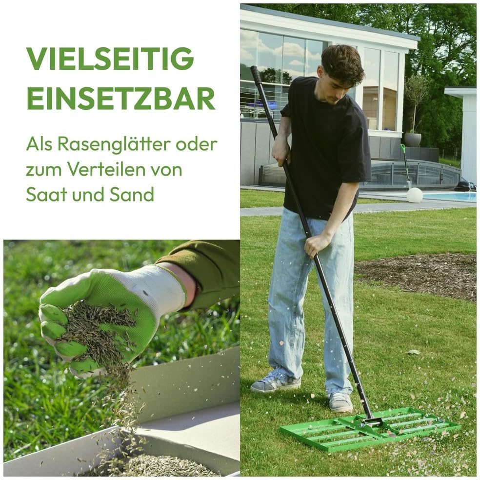 Dönges Rasenrakel 75x35 cm mit 2 Meter Stiel [für den perfekten Rasen] I Ideal zur Rasenpflege, Sand