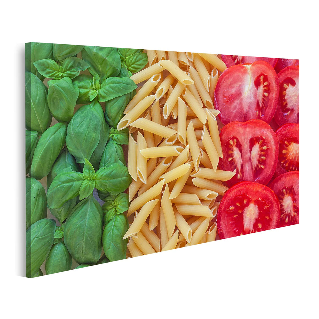 islandburner Bild auf Leinwand Italienisches Essen Mit Hintergrund Teigwaren Tomaten Basilikum Küche