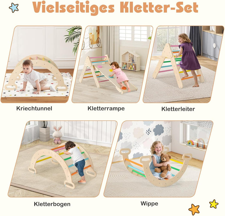 GOPLUS Klettergerüst Indoor, 4 in 1 Kletterdreieck & Kletterbogen & Leiter & Rutsche, Sprossendreiec
