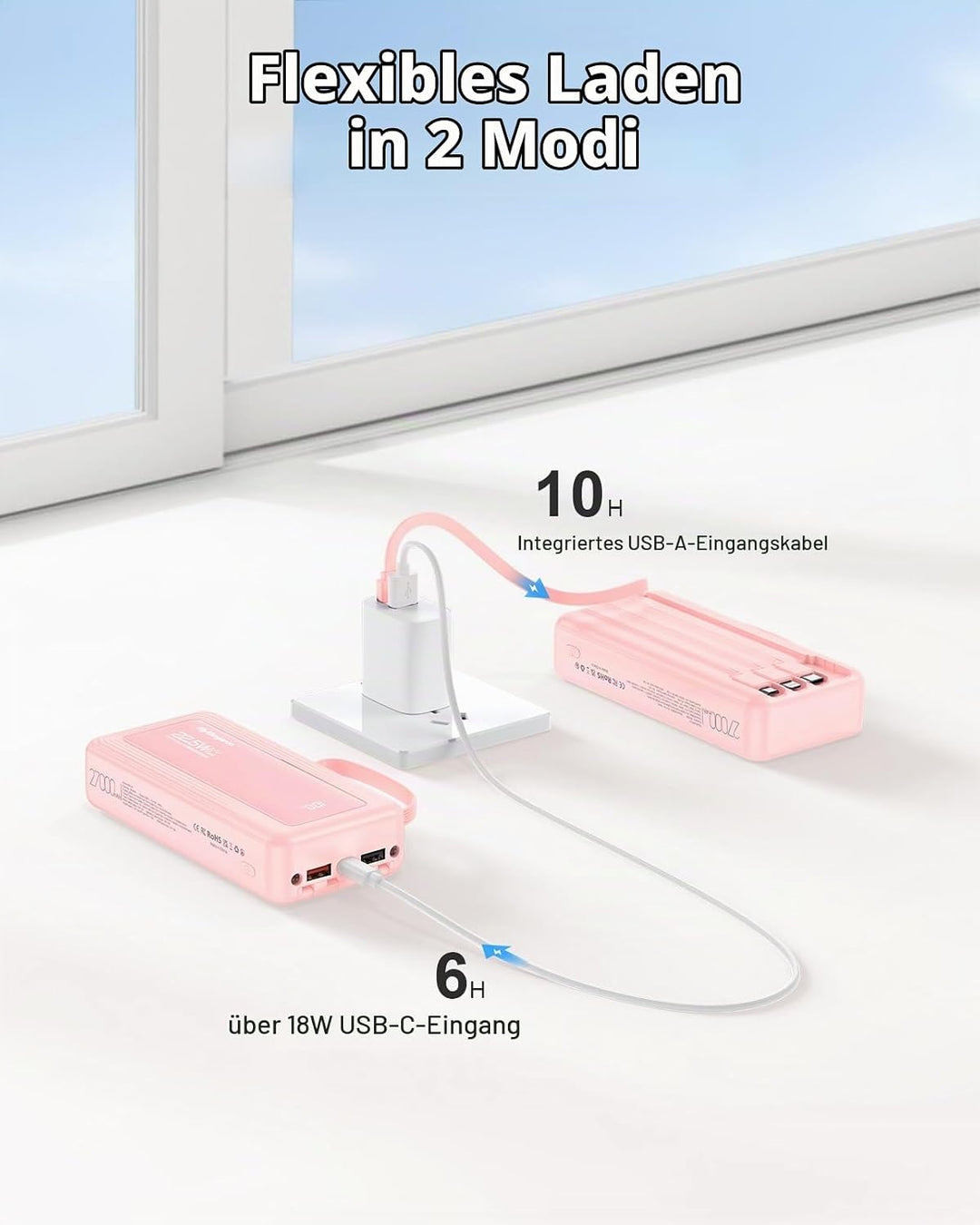 Powerbank 27000mAh mit 4 integrierten Kabel, 30W Power Bank USB C Schnellladefunktion mit LED Displa