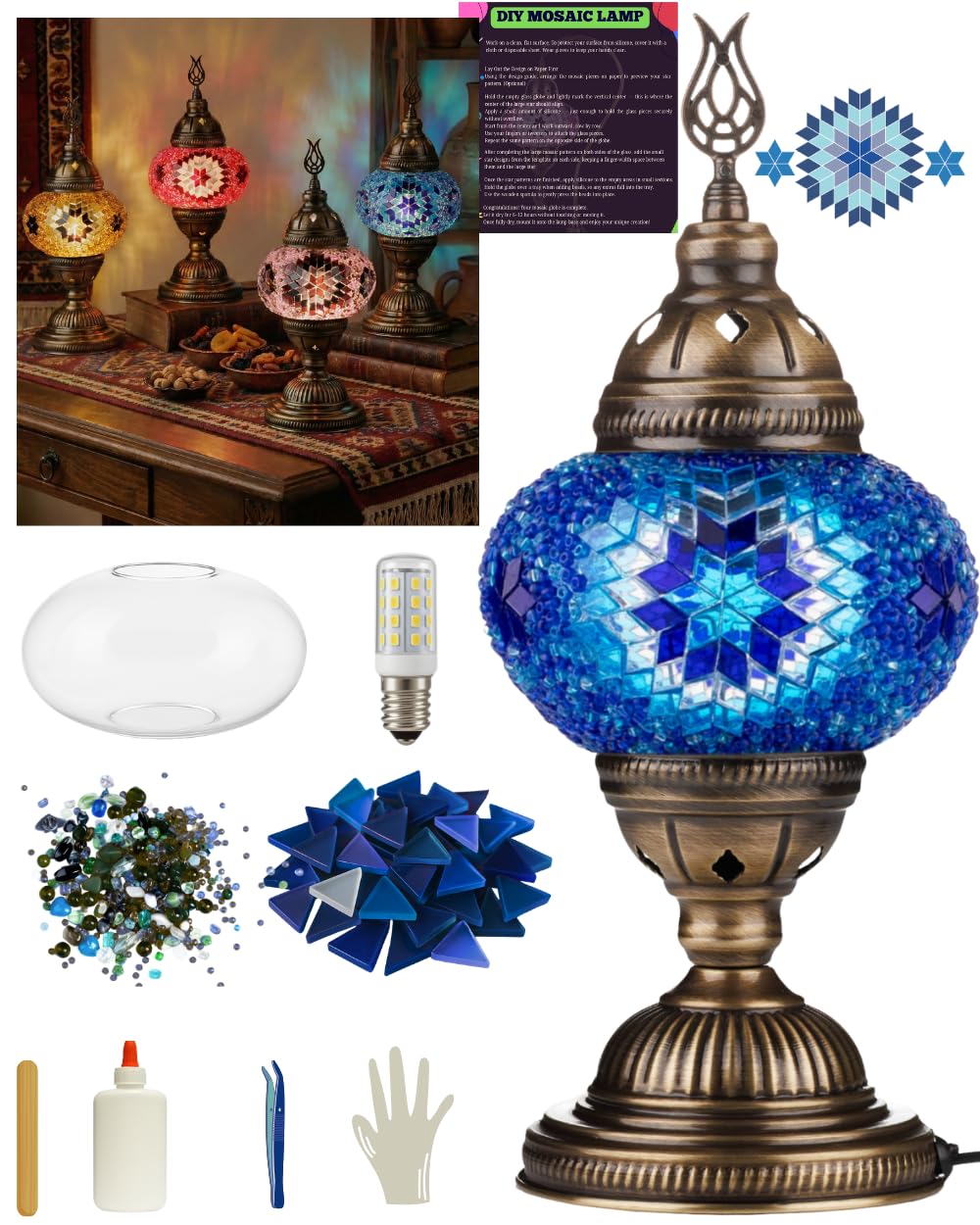 DEMMEX DIY türkisches Mosaiklampen-Set, komplettes Kunst- und Handwerks-Geschenkset für Erwachsene u