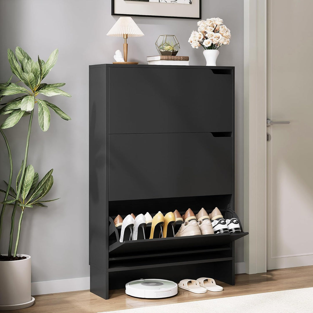IRONCK Schuhschrank mit 3 Klappen, Schuhkipper Schmal, Schuhregal Flur freistehend, Schuhkommode mit