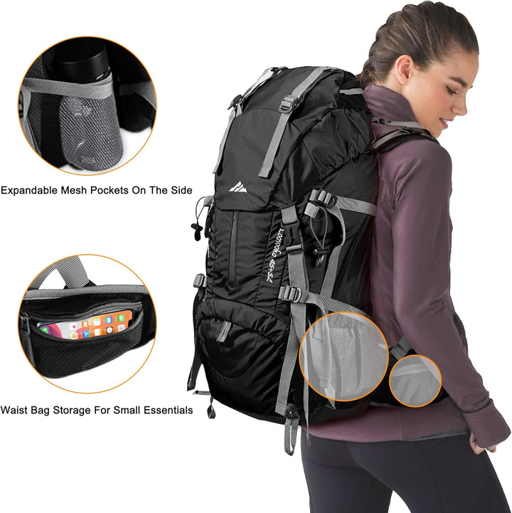Loowoko 50 l Wanderrucksack, wasserdichte Camping-Essentials-Tasche mit Regenschutz, 45 + 5 Liter le
