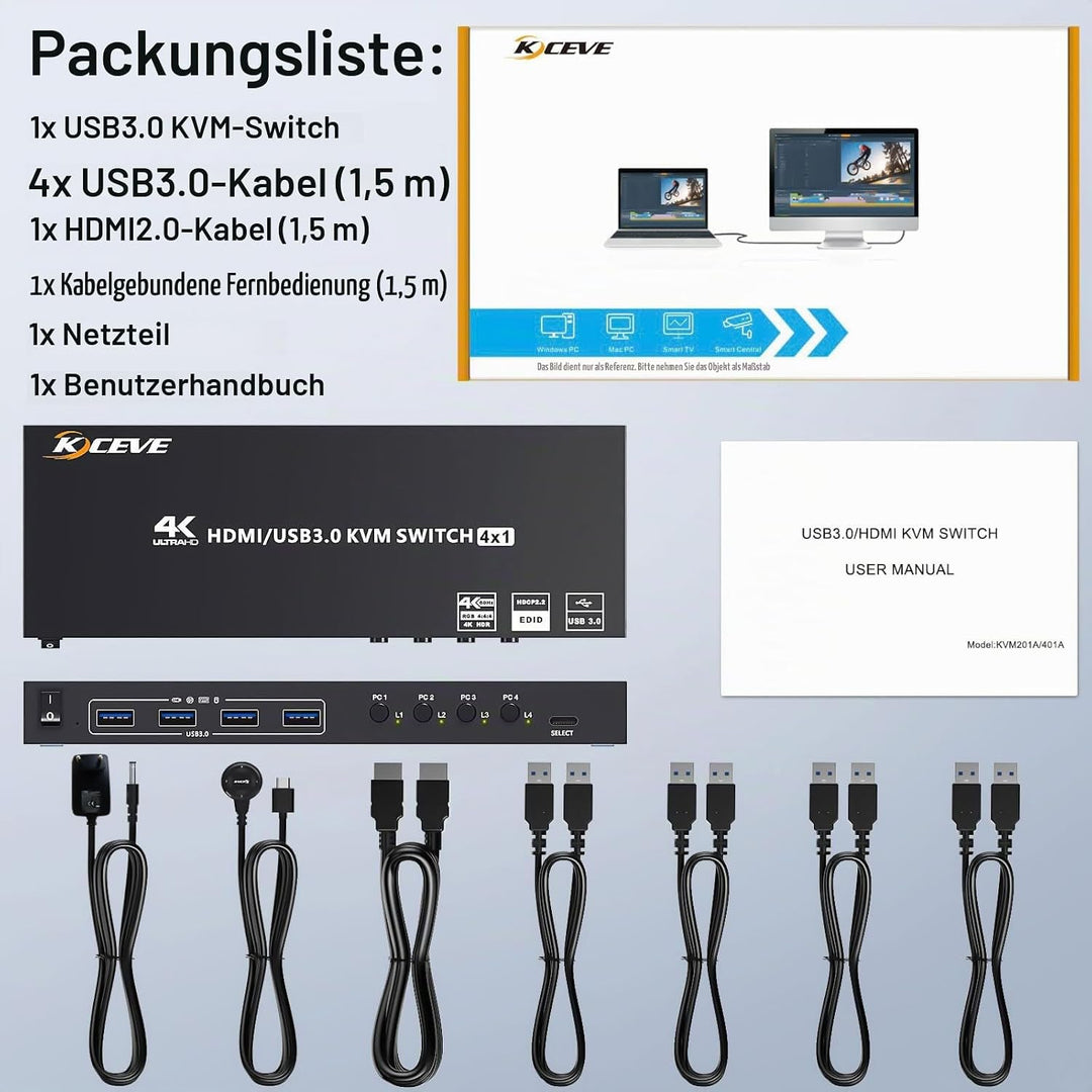 USB 3.0 KVM Switch HDMI 4 Port, 4K@60Hz Simulation EDID KVM Switch 4 PC 1 Monitore, HDMI 2.0 KVM-Swi