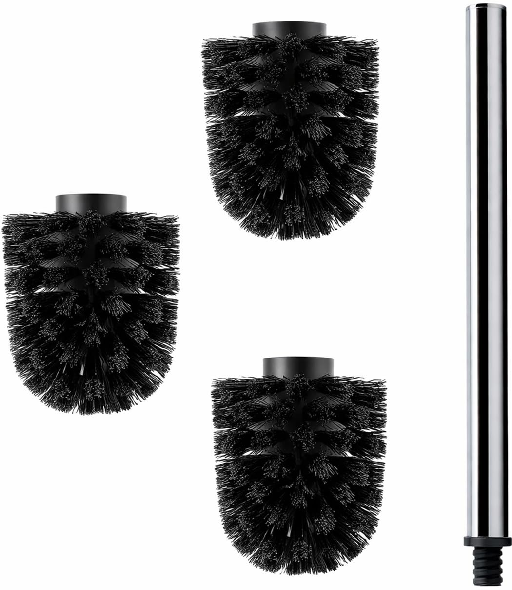 Daloual - 3 x Ersatz WC-Bürstenkopf Schwarz Ø ca. 6,5 cm + 1 x Edelstahl-Griff 26,5 cm - Toiletten-B