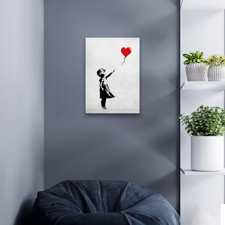Giallobus - Gemälde - Banksy - - Standardleinwand - 50x70-07 - Baby Mädchen roter Herzballon - Berei