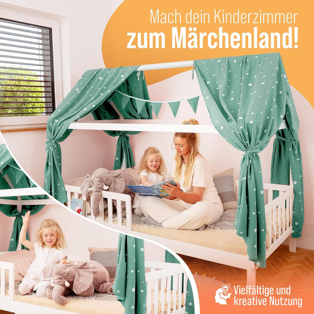 Luna & Leo Hausbett Himmel 3-TLG - mit Sternendruck [Bio Musselin Baumwolle] Handmade | Himmelbett V