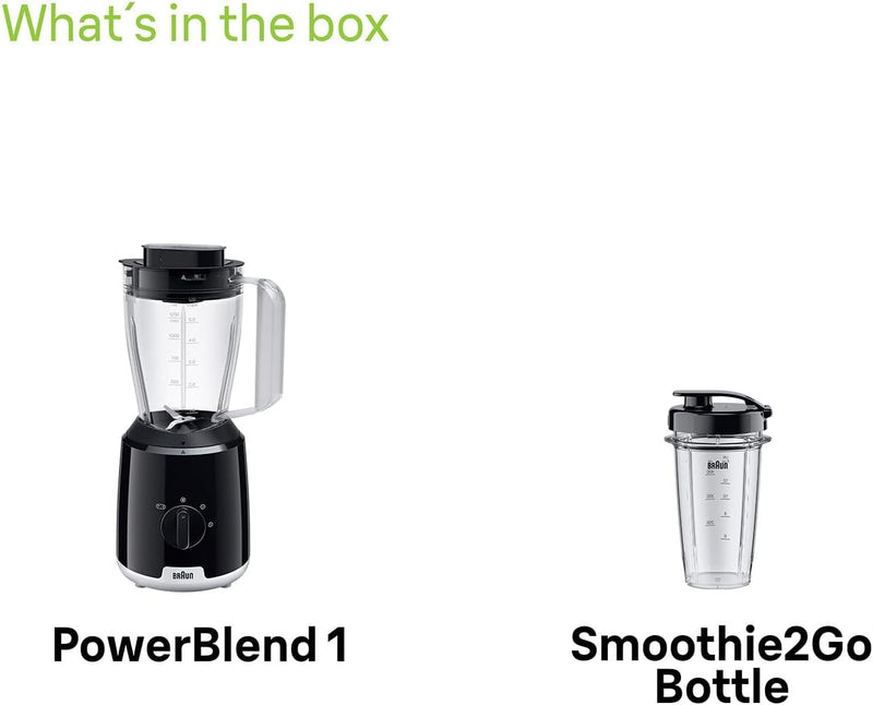 Braun Household PowerBlend 1 JB1051BK - Standmixer mit 1,5 l Glas-Mixaufsatz inkl. To-Go-Becher, Küc