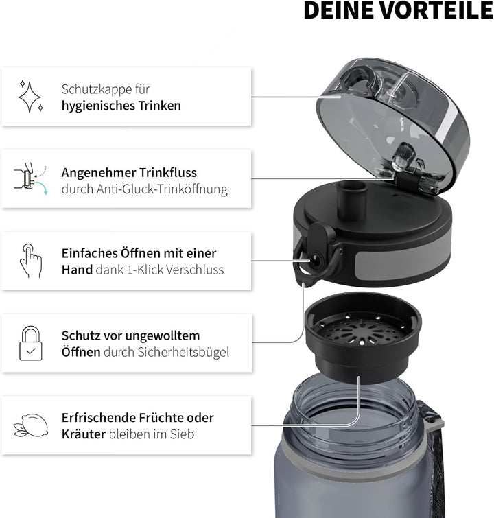 720°DGREE Trinkflasche 1l mit Motivationsskala “uberBottle“ +Sieb - BPA-Frei - Wasserflasche für Uni