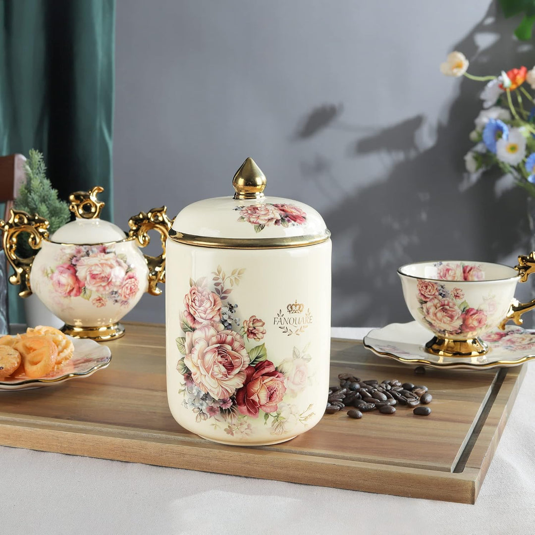 fanquare Plätzchendose Porzellan Ø 19 cm, Vintage Blumen Muster Vorratsdose mit Deckel, Biscotti Dos