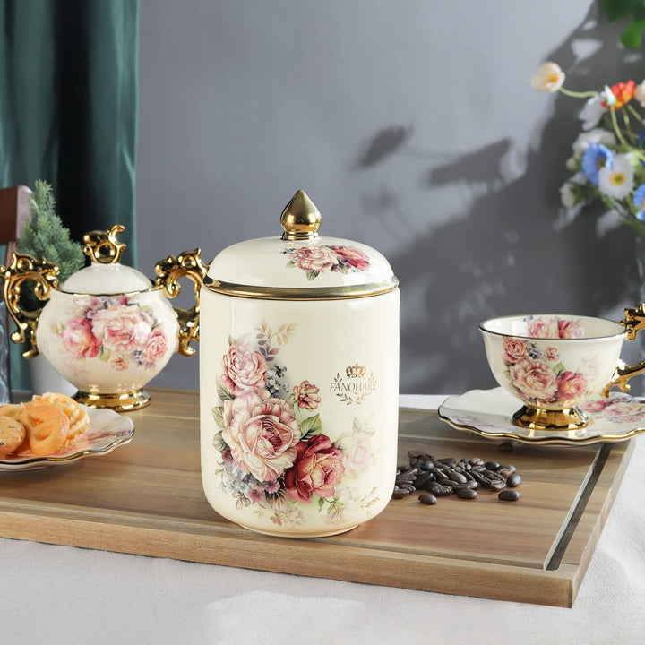 fanquare Plätzchendose Porzellan Ø 19 cm, Vintage Blumen Muster Vorratsdose mit Deckel, Biscotti Dos