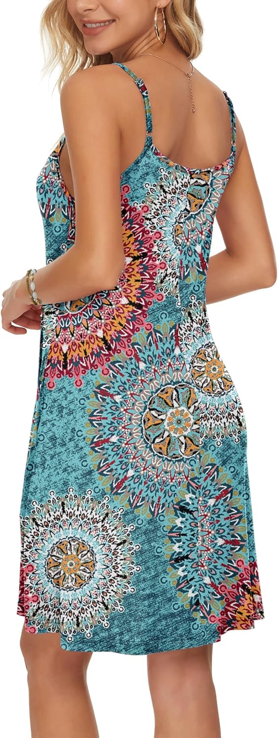 WNEEDU Damen Kleid Sommer Spaghettiträger Sommerkleid Kurze Strandkleider V Ausschnitt Leichte Freiz