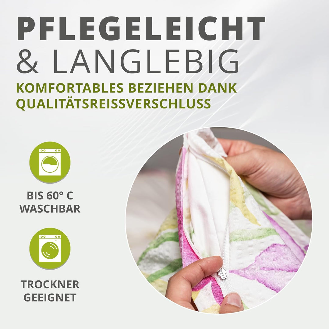 Seersucker Bettwäsche Set Blumenwiese – 135x200 cm Bettbezug + 80x80 cm Kissenbezug – 100% Baumwolle