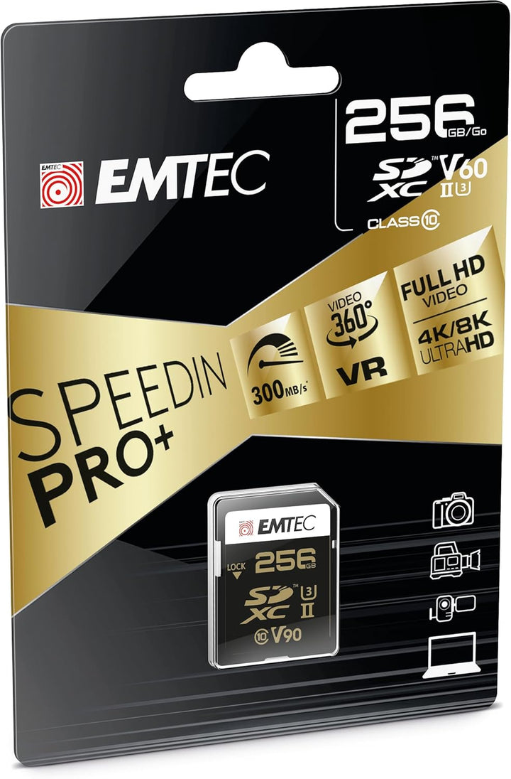 Emtec SpeedIN Pro+ SD-Speicherkarte 256GB, SDXC UHS-II U3 V90, Full HD, 3D, 4K, 8K UHD, Lesegeschwin