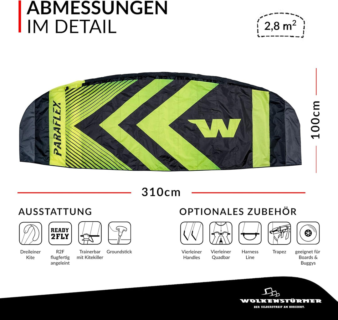 Wolkenstürmer® Paraflex Trainer 3-Leiner Lenkmatte 3.1 Neongrün - „Ready to Fly“ Kite Drachen inkl.