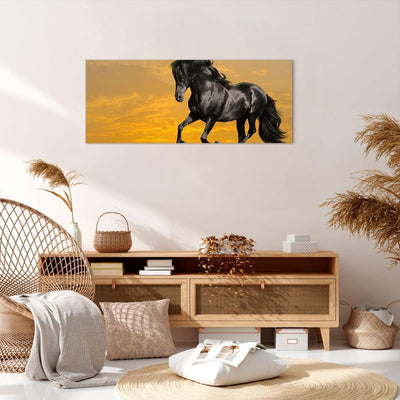 Wandbilder Dekoration Wohnzimmer Tiere Pferd Laufen Wiese Panorama Bilder auf Leinwand 120x50cm Lein