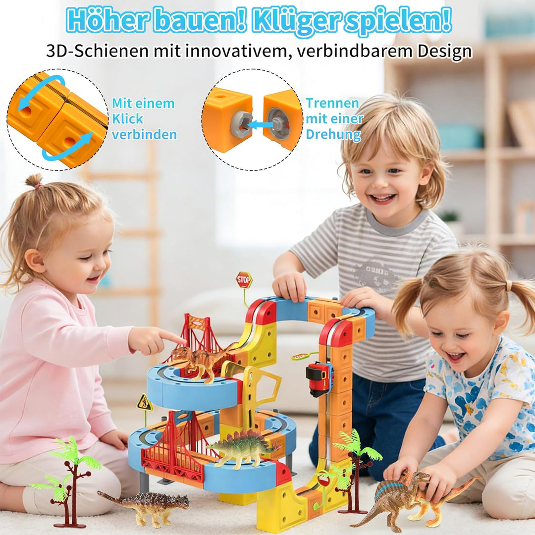 Clickrail Electric Train Set Flexible Race Track, Block Zug mit Dinosaurierspielzeug/Kokospalme/Aufk