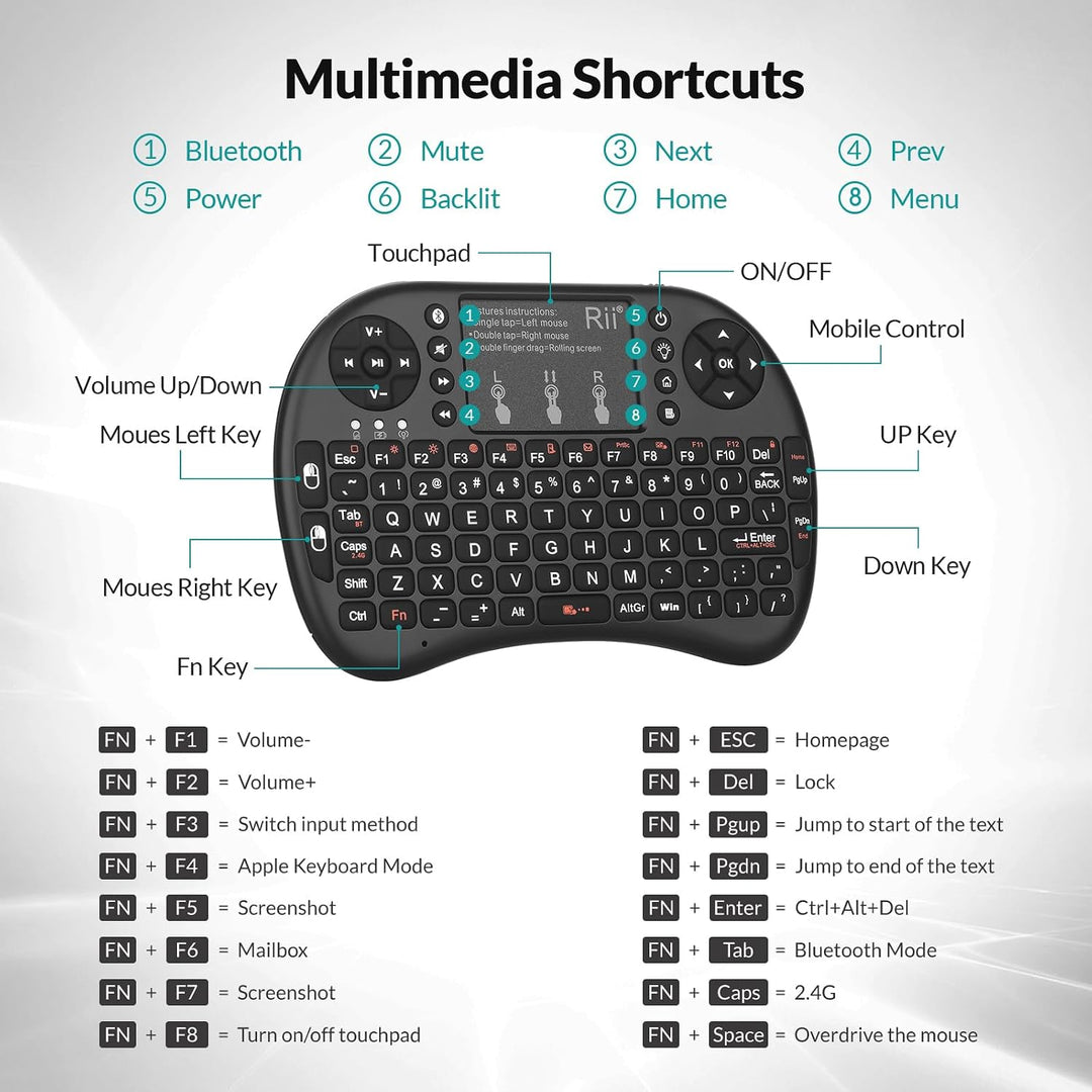 Rii Mini i8+ Wireless (QWERTY US Layout) - Mini Beleuchtete Tastatur mit Multi-Touch Maus-Pad für Sm