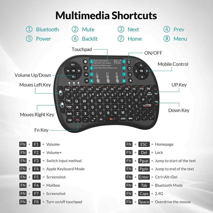 Rii Mini i8+ Wireless (QWERTY US Layout) - Mini Beleuchtete Tastatur mit Multi-Touch Maus-Pad für Sm