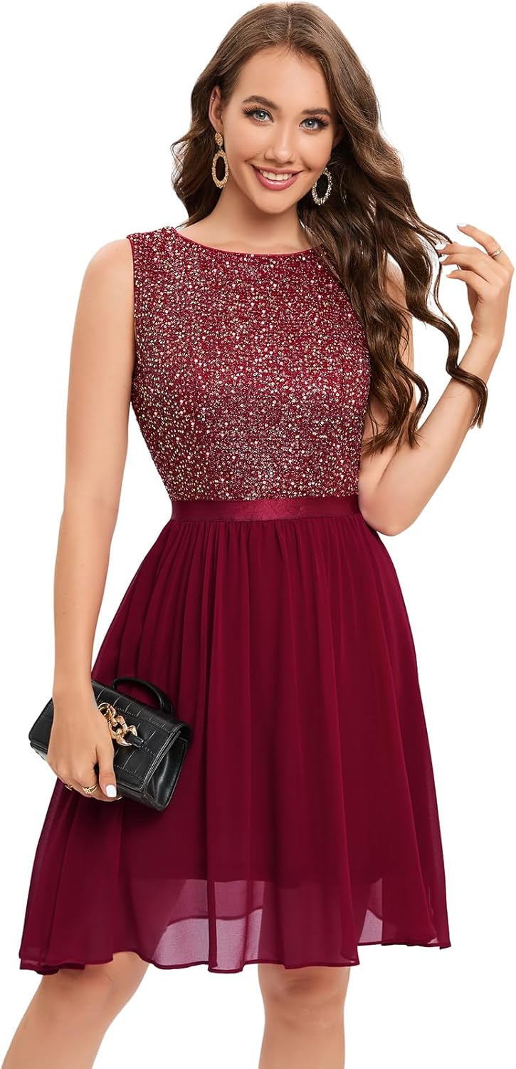 Bbonlinedress Glitzer Kleid Damen elegant Rundhals festliches jugendweihes Kleid mit Pailletten Cock