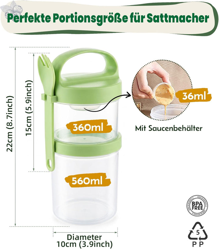 Ugotit Müslibecher to Go mit Löffel, 360ml+560ml Joghurtbecher to Go, 4er Grün,rosa,gelb&amp;lila, Grün,