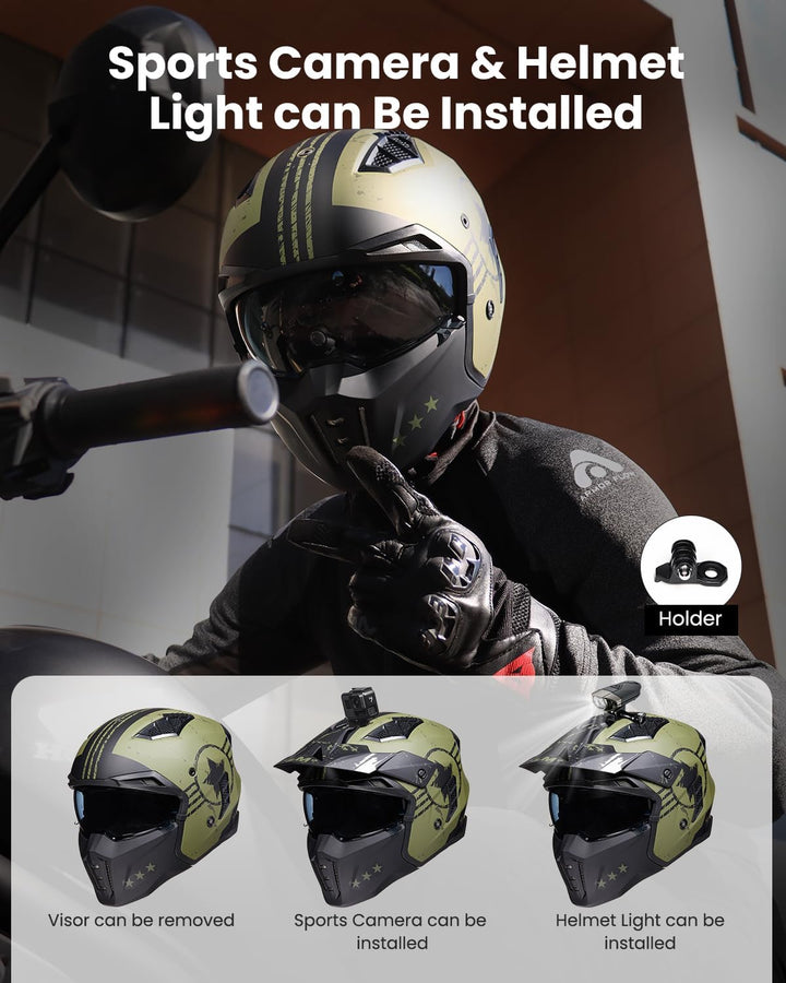 ILM Helm Integralhelm | Jethelm Motorrad Motocross Herren Damen Vintage Retro mit Visier ECE mit ans
