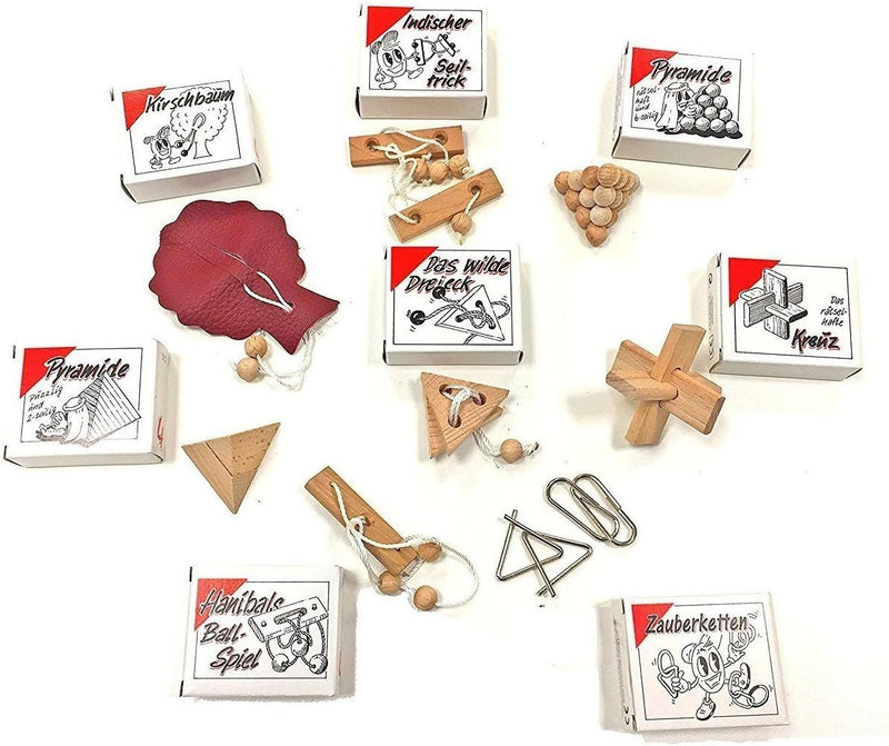 GICO 8 beliebte Knobelspiele Holzpuzzle Geduldspiele im Set, einzeln verpackt mit Lösungsheft - als