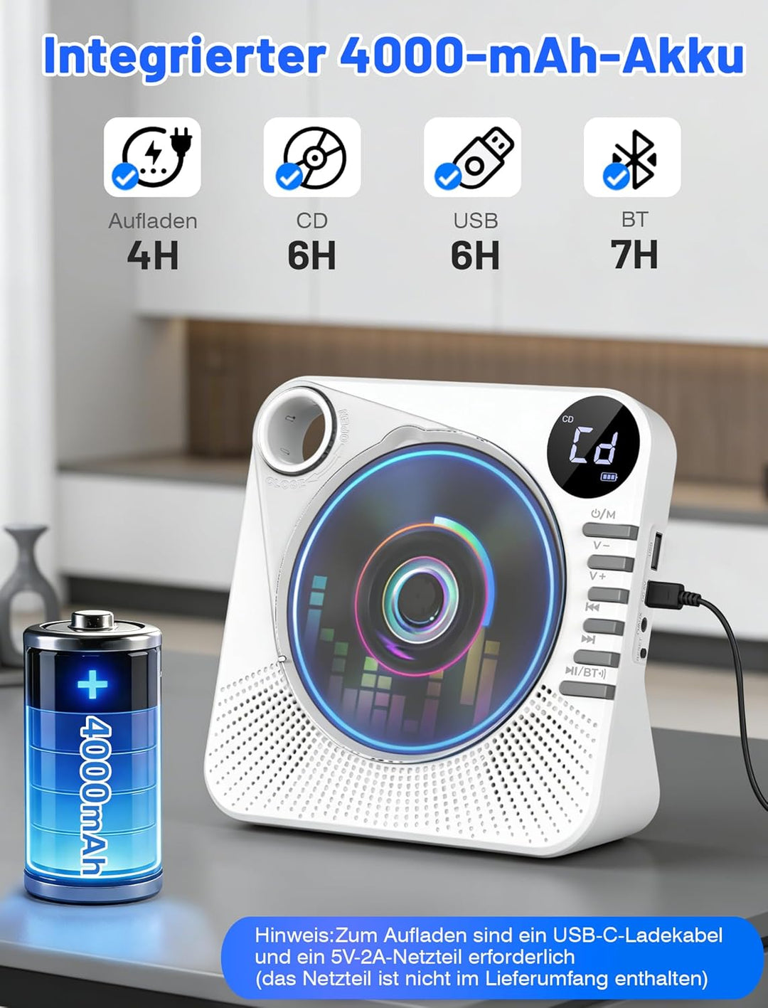 Tragbarer CD-Player 4000mAh Wiederaufladbar, Bluetooth 5.1 mit Stereo-Lautsprechern, Fernbedienung,