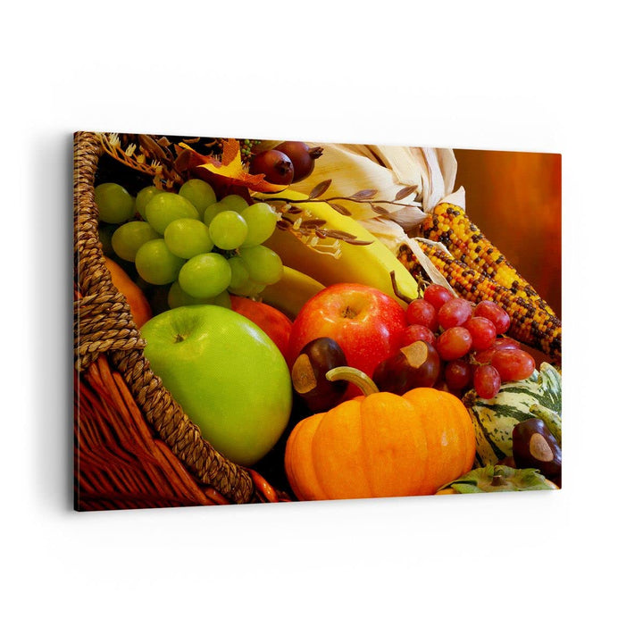 ARTTOR Bilder auf Leinwand 100x70cm Leinwandbild Weidenkorb Obst Gemüse Gross Wanddeko Bild Schlafzi